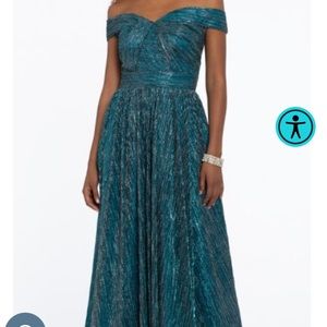 Metallic Teal Off the Shoulder A line dress. Camille le Vie